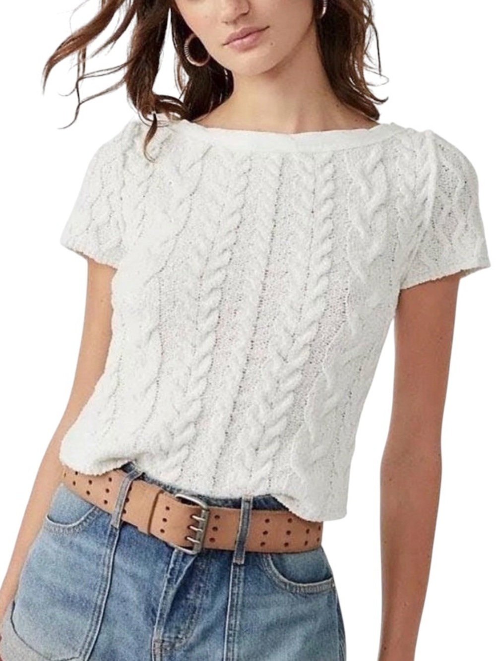Free People ivory Cable Knit Short Sleeve crew Neck Sweater raw edge size xs